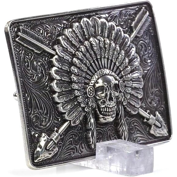 🆕Men's Antique Silver Metallic Imported Rectangle Chief Skull  Belt  Buckle - Picture 2 of 9